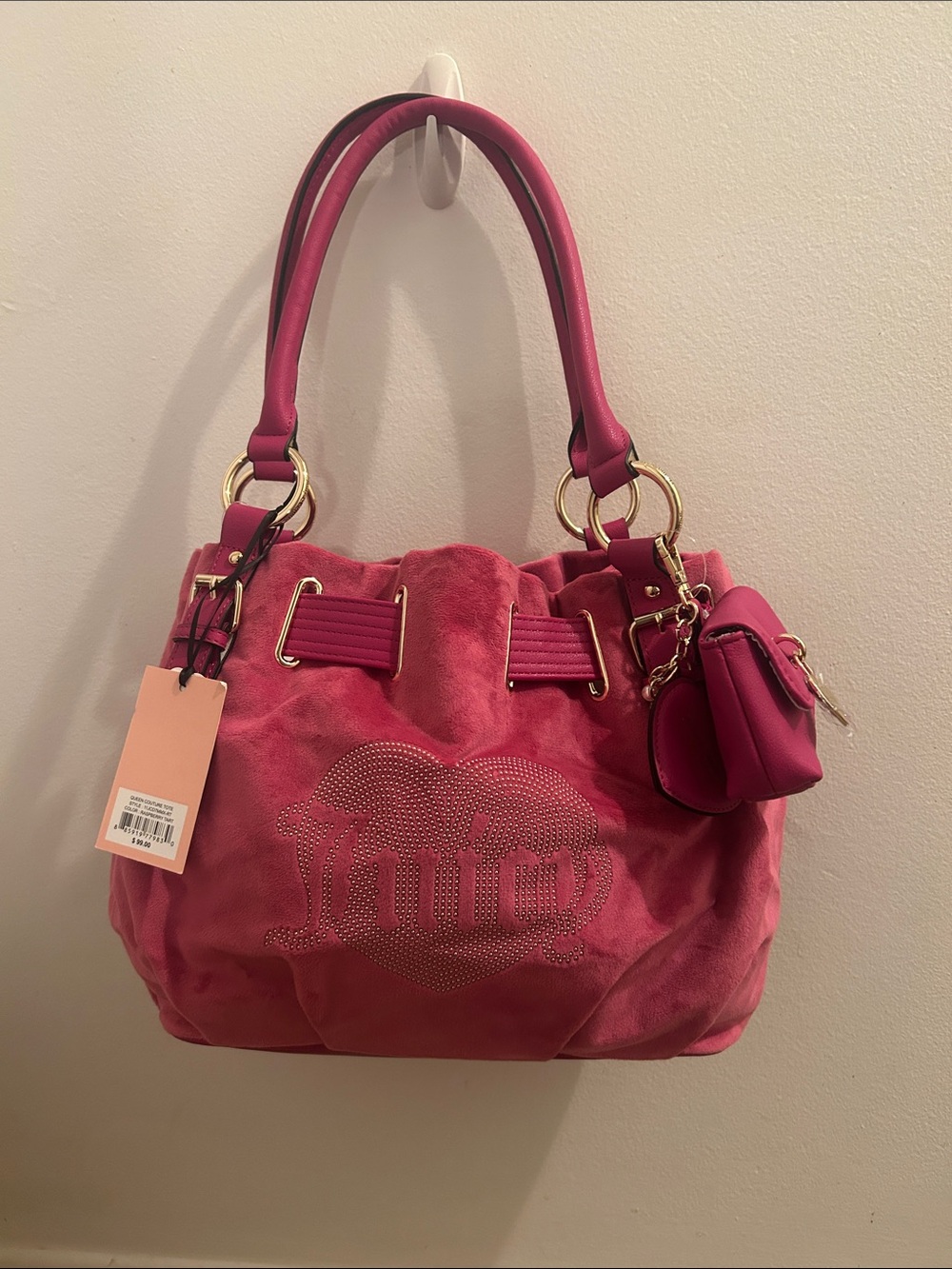 Juicy Couture Hot Pink Suede Logo Shoulder Bag with Charm Pouch